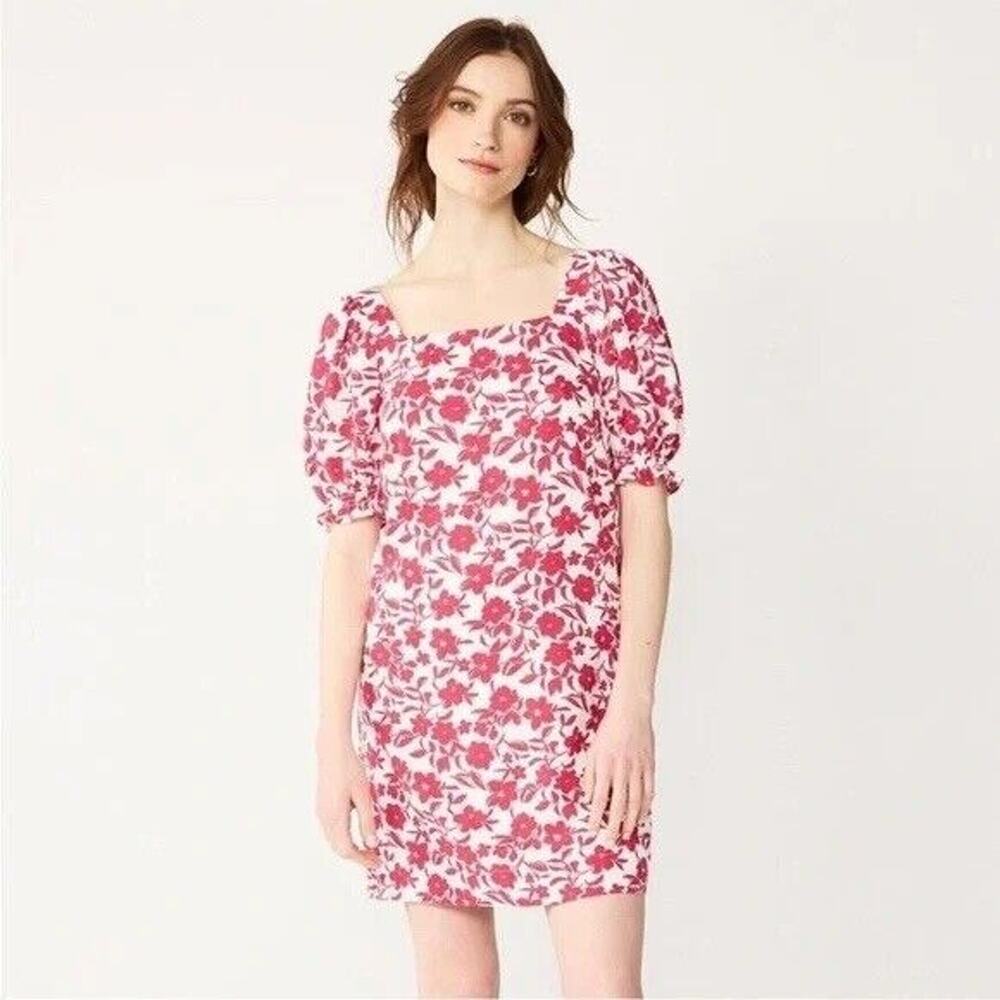 Draper James RSVP Womens Floral Linen‎ Lined Mini Dress Puff Sleeve Pink Small